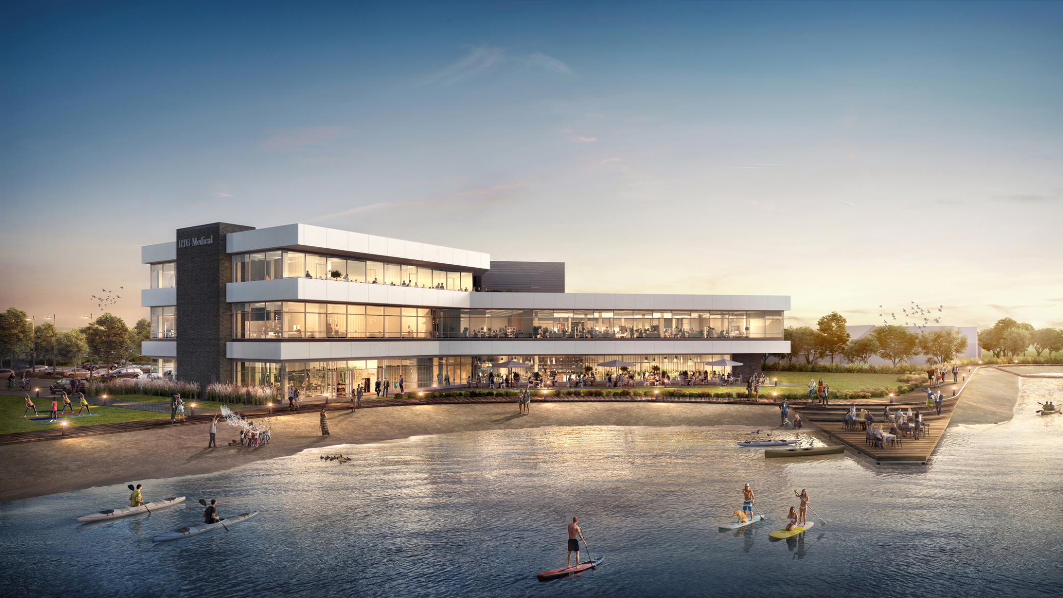 View of building from the water outside of RTG Medical Headquarters.