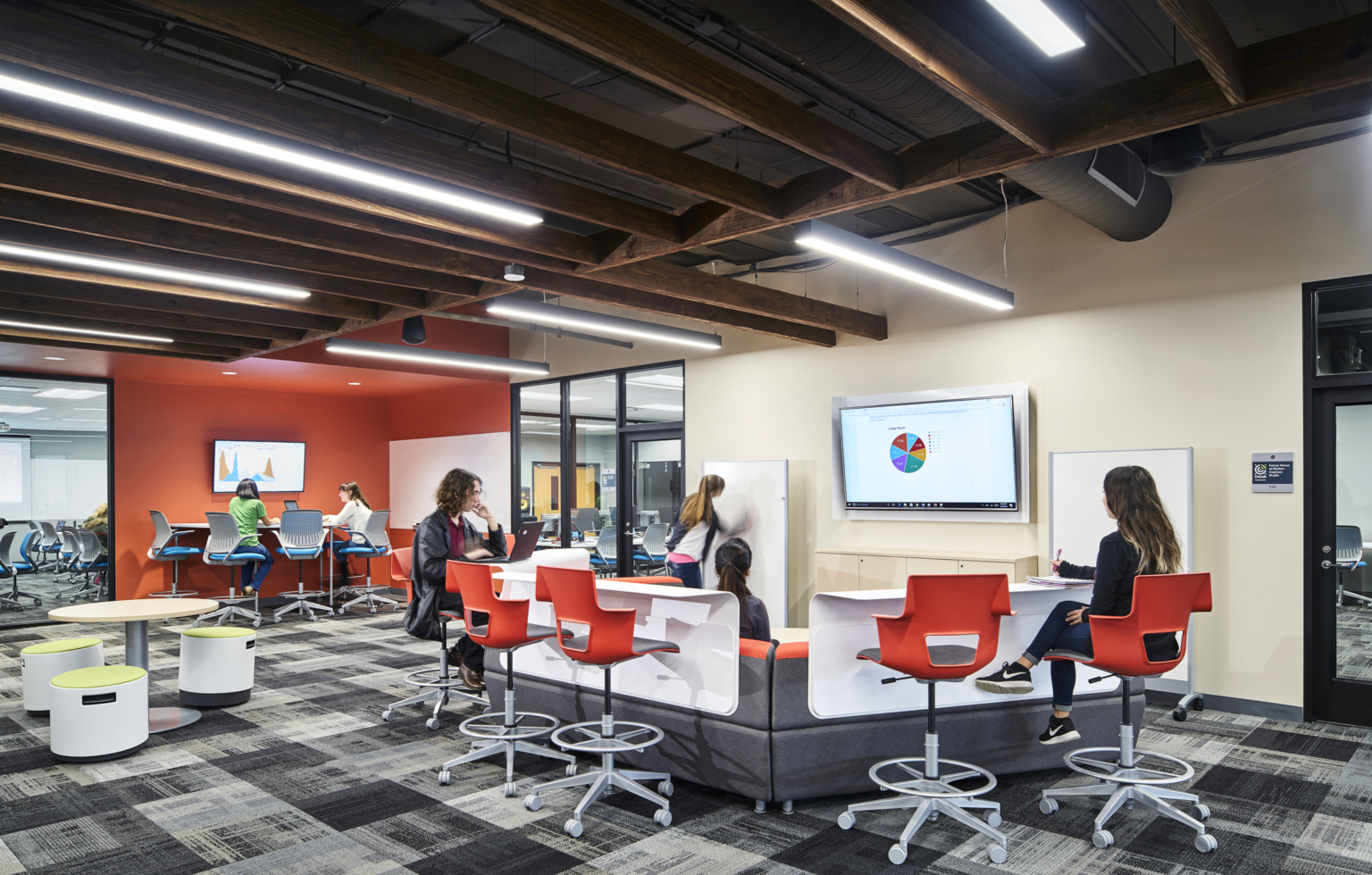 student collaboration floor with breakout pods and technology at JCCC collab center student collaboration floor with breakout pods and technology at JCCC collab center