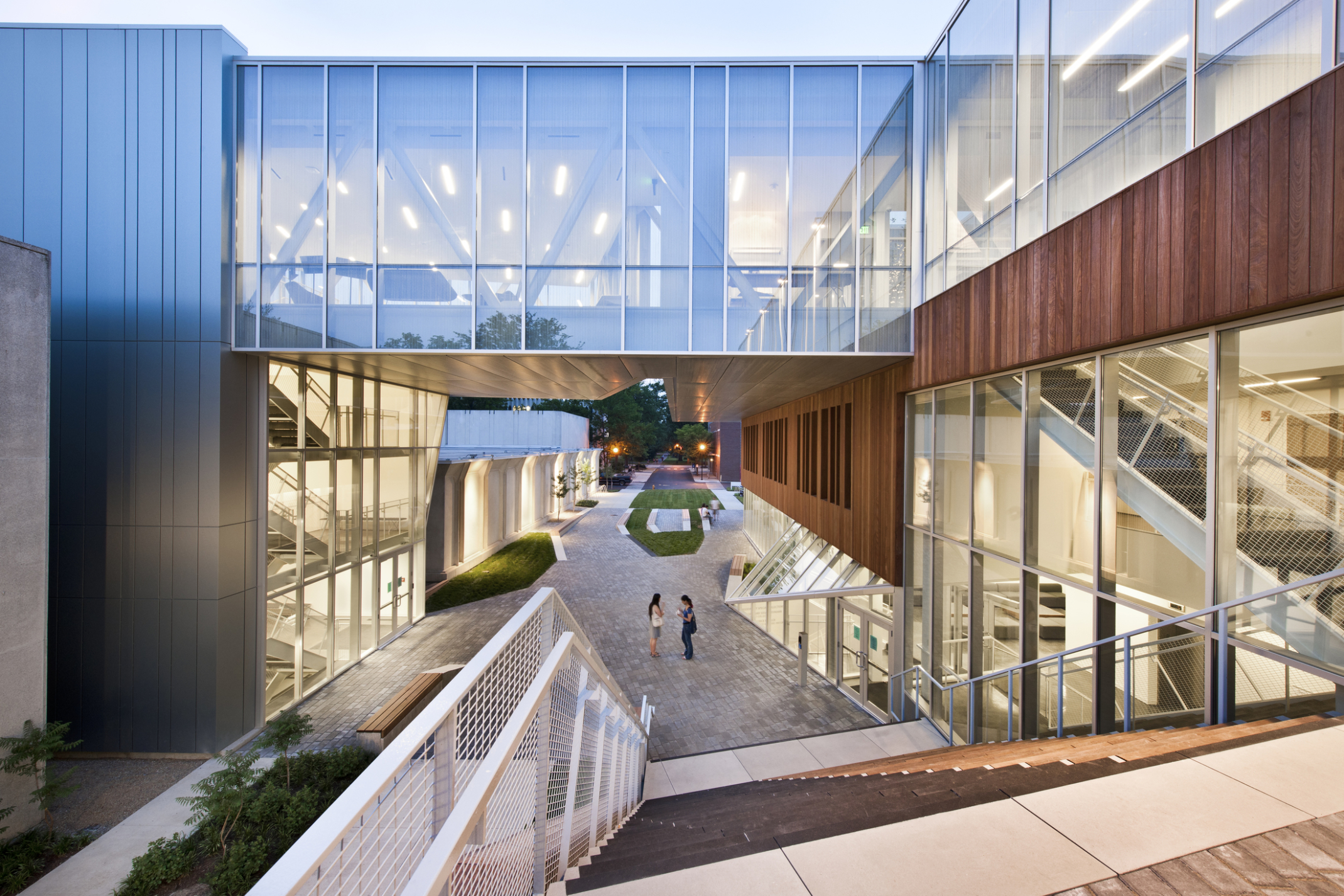 looking down the stairs onto a campus plaza at Oberlin College