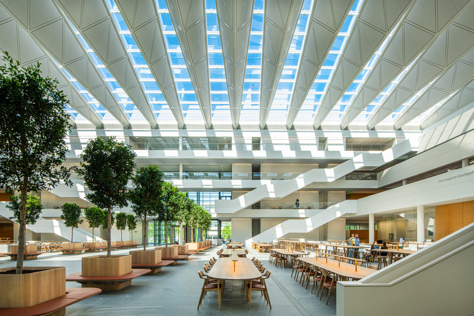 Main study area with long wood tables and skylights CC-CWRU Sheila & Eric Samson Pavilion