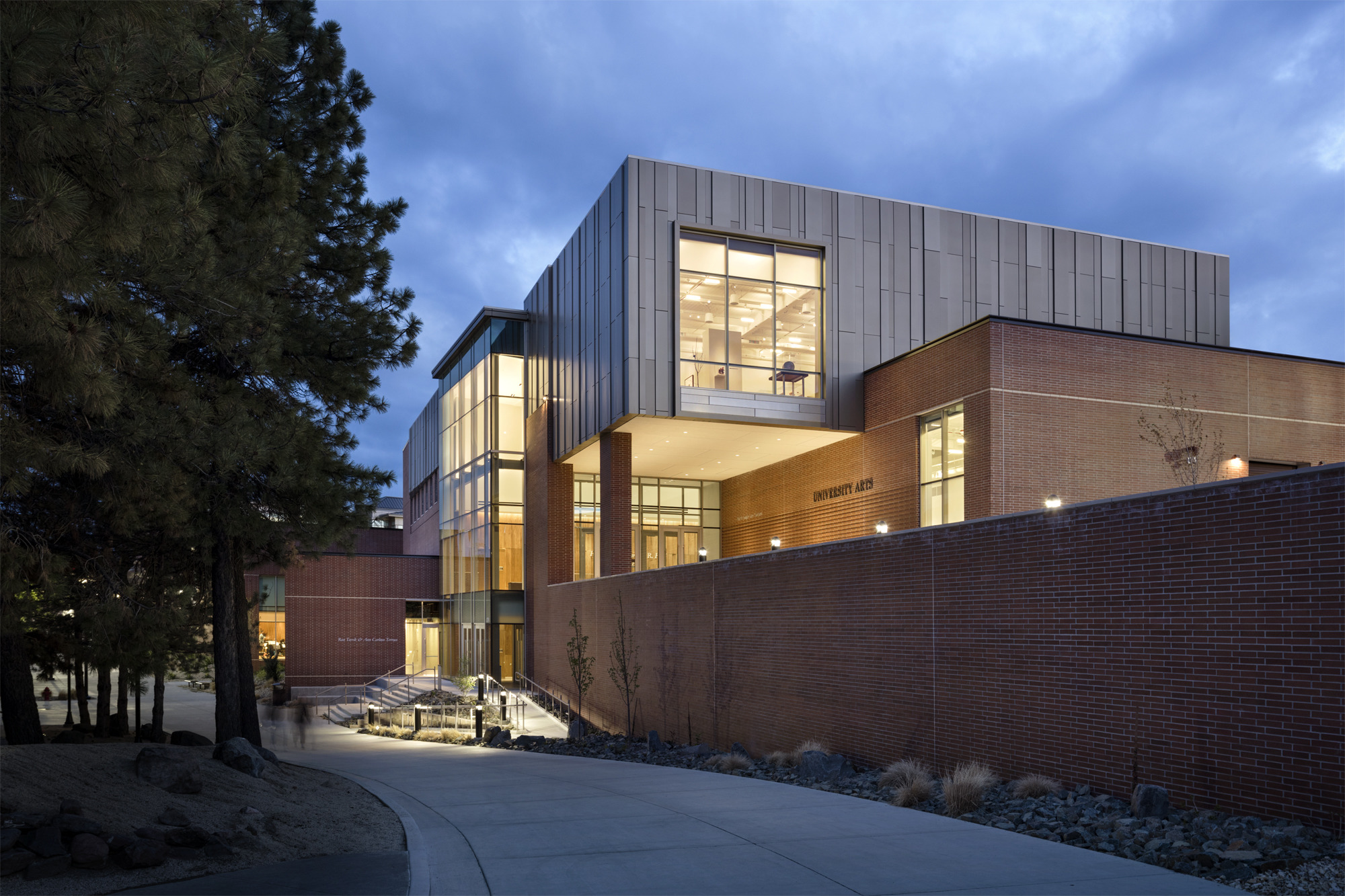 Exterior view at night of University of Nevada, Reno University Arts Building