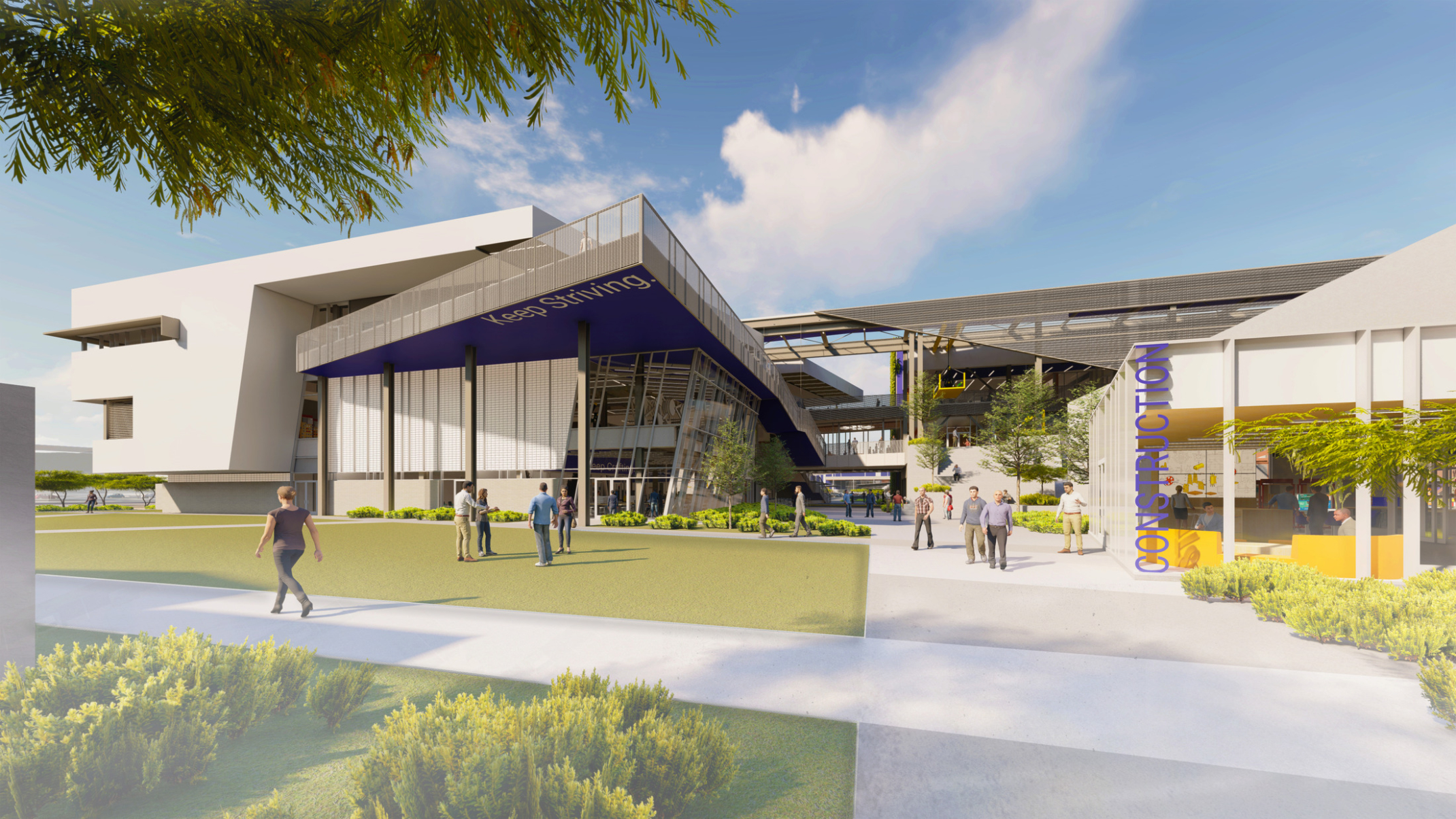 Exterior with sidewalks leading up to and around the building comprised of angled jut-outs and a glass facade at Pima Community College Center of Excellence for Applied Technology.