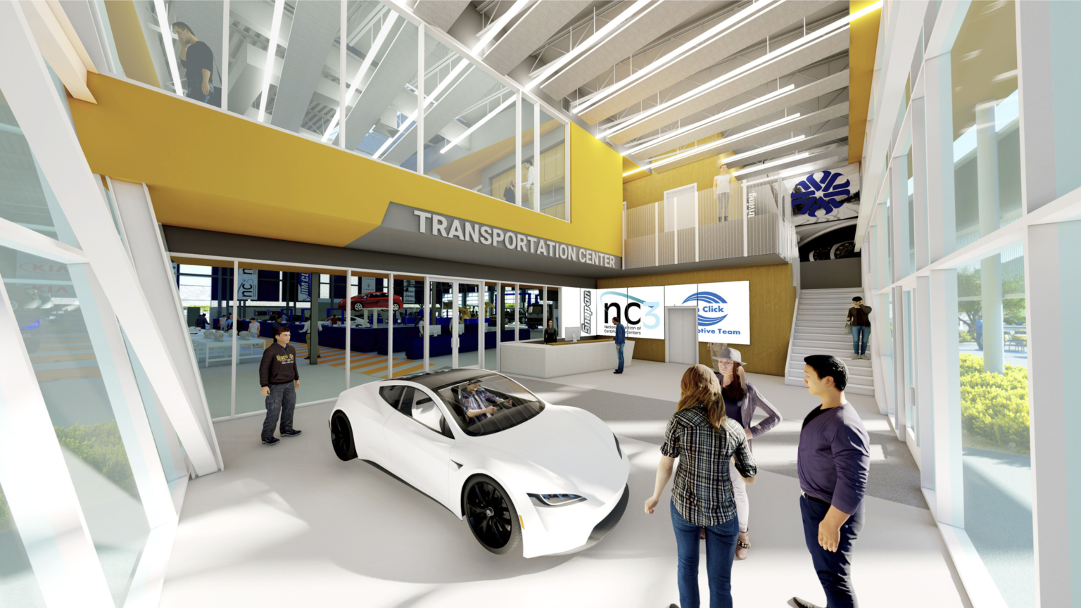 Main car bay with models on display and a second floor overlook at Pima Community College Center of Excellence for Applied Technology. Main car bay with models on display and a second floor overlook at Pima Community College Center of Excellence for Applied Technology.