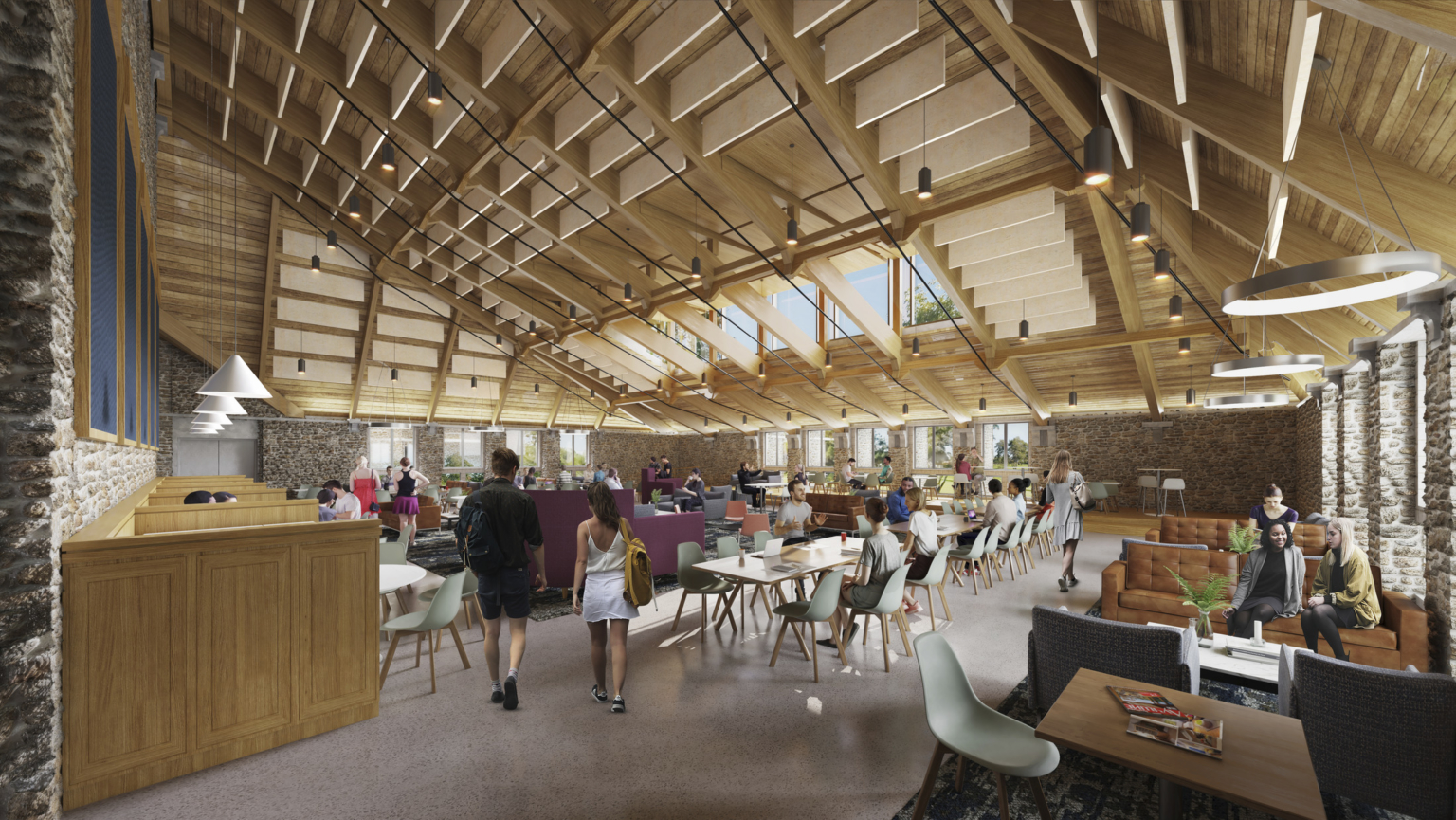 Main dining area with high ceilings, skylights, dining tables, and private seating at Swarthmore College Dining and Community Commons. Main dining area with high ceilings, skylights, dining tables, and private seating at Swarthmore College Dining and Community Commons.