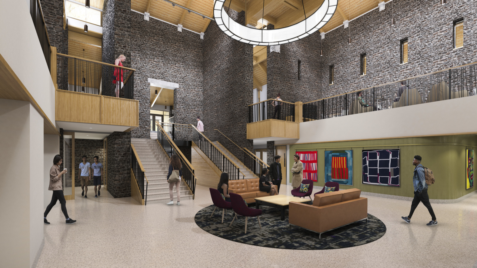 Atrium area with a large chandelier, sofas, and brick accent walls welcoming students and community at Swarthmore College Dining and Community Commons. Atrium area with a large chandelier, sofas, and brick accent walls welcoming students and community at Swarthmore College Dining and Community Commons.