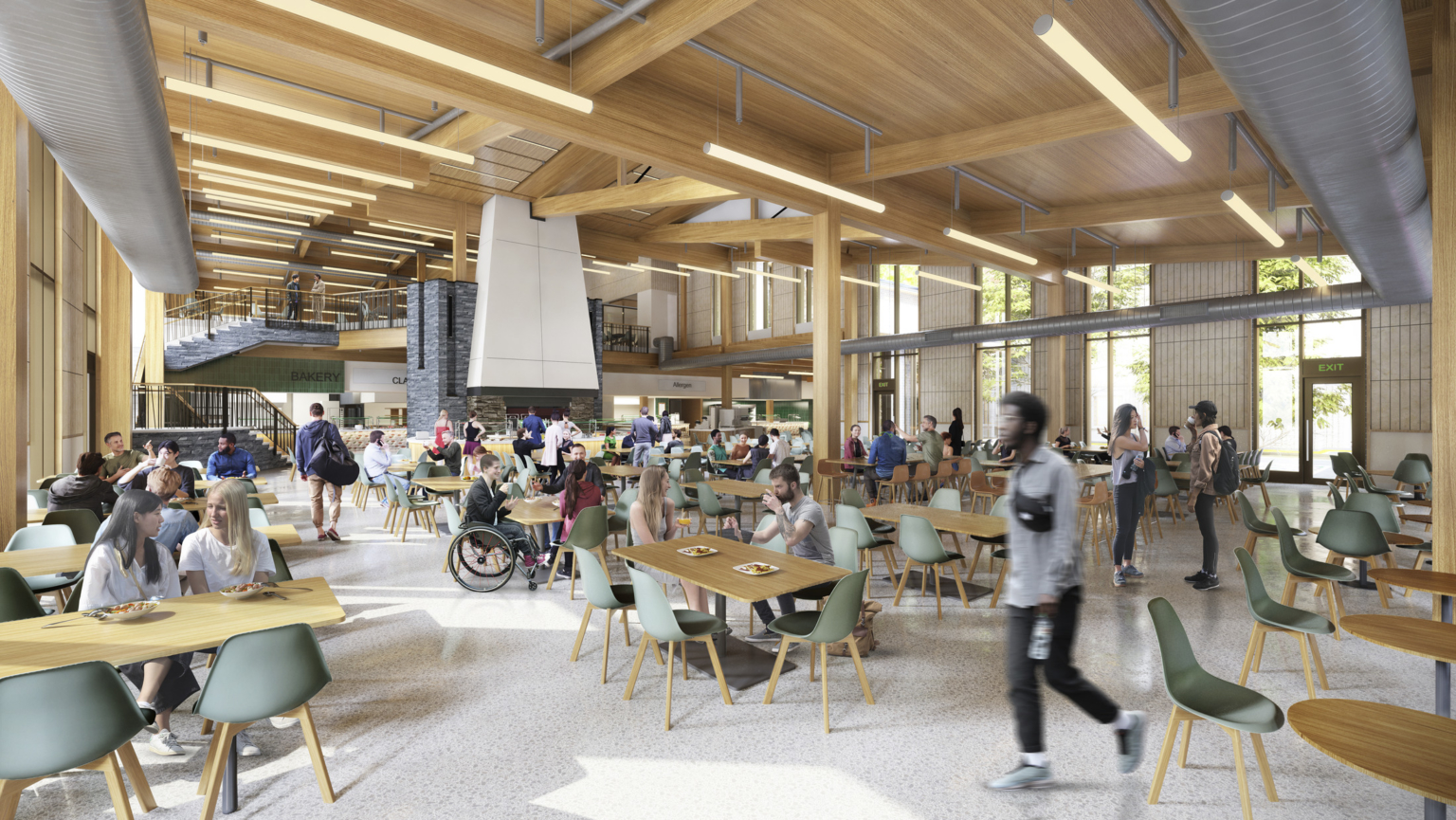 Main dining area with wood beams and ceiling, flexible seating, and plenty of natural daylight at Swarthmore College Dining and Community Commons. Main dining area with wood beams and ceiling, flexible seating, and plenty of natural daylight at Swarthmore College Dining and Community Commons.