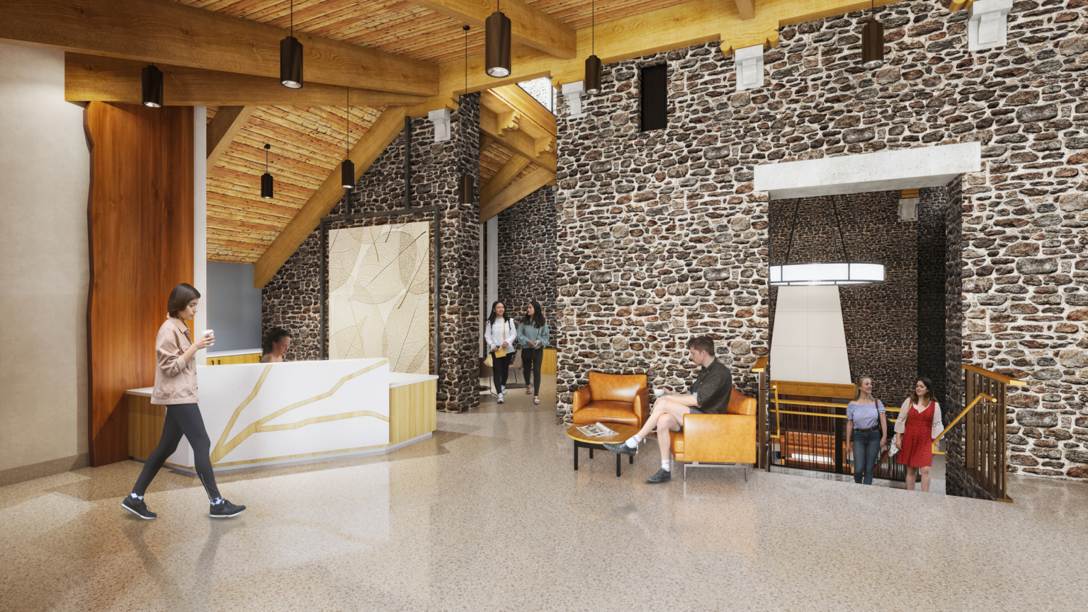 Front desk with stone accent wall, wood beams, and drop lighting at Swarthmore College Dining and Community Commons. Front desk with stone accent wall, wood beams, and drop lighting at Swarthmore College Dining and Community Commons.