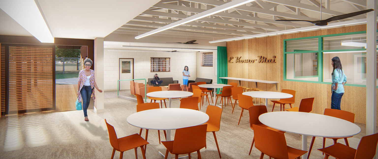 dining area with tables and orange chairs