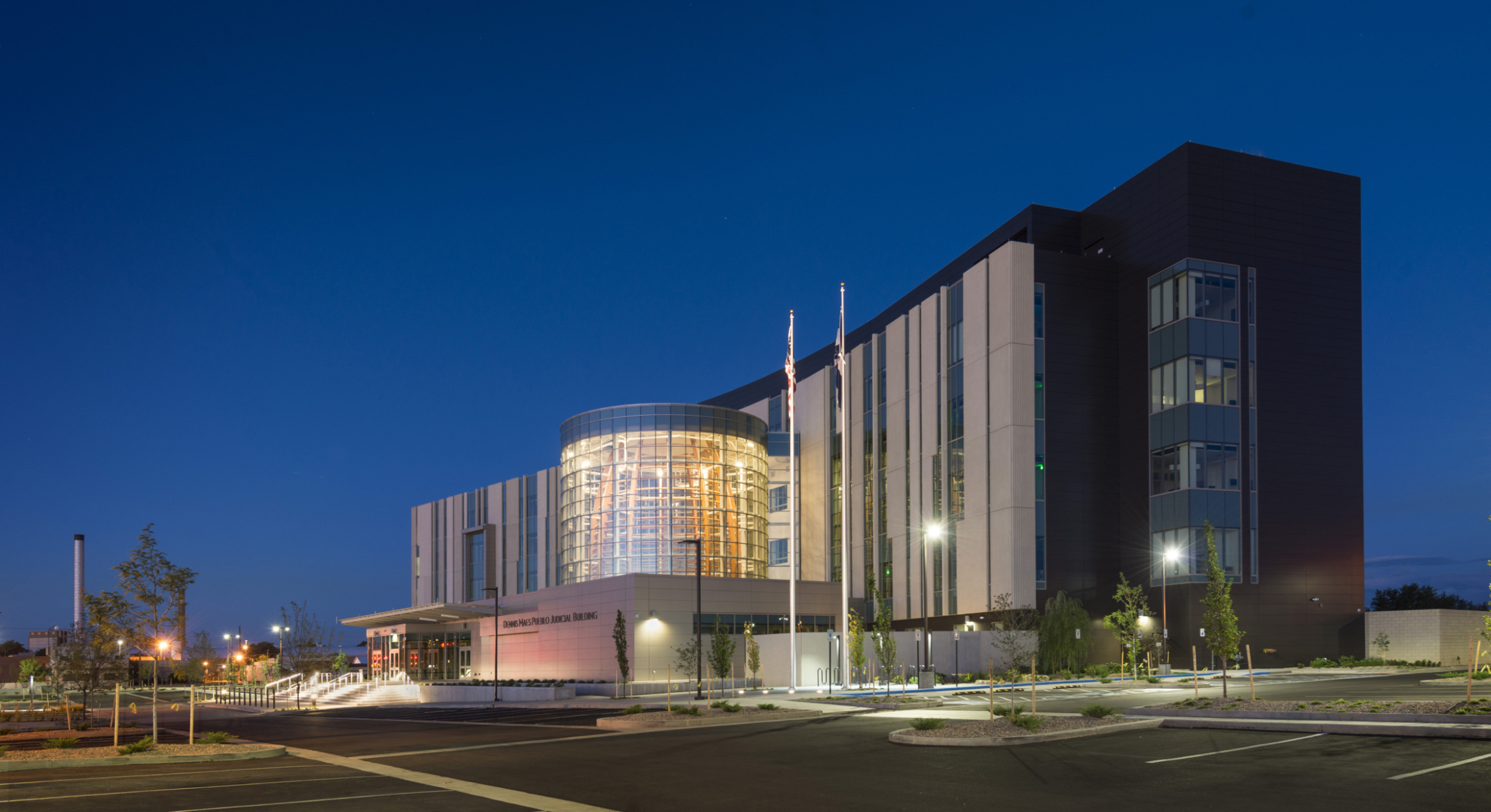 the exterior of the Dennis Maes Pueblo Judicial Building at night the exterior of the Dennis Maes Pueblo Judicial Building at night