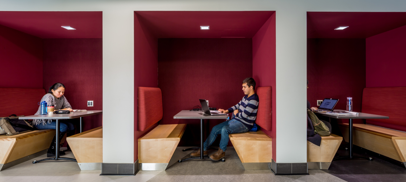 Tucked -in booths for student and faculty collaboration at the University of Minnesota cultural center Tucked -in booths for student and faculty collaboration at the University of Minnesota cultural center