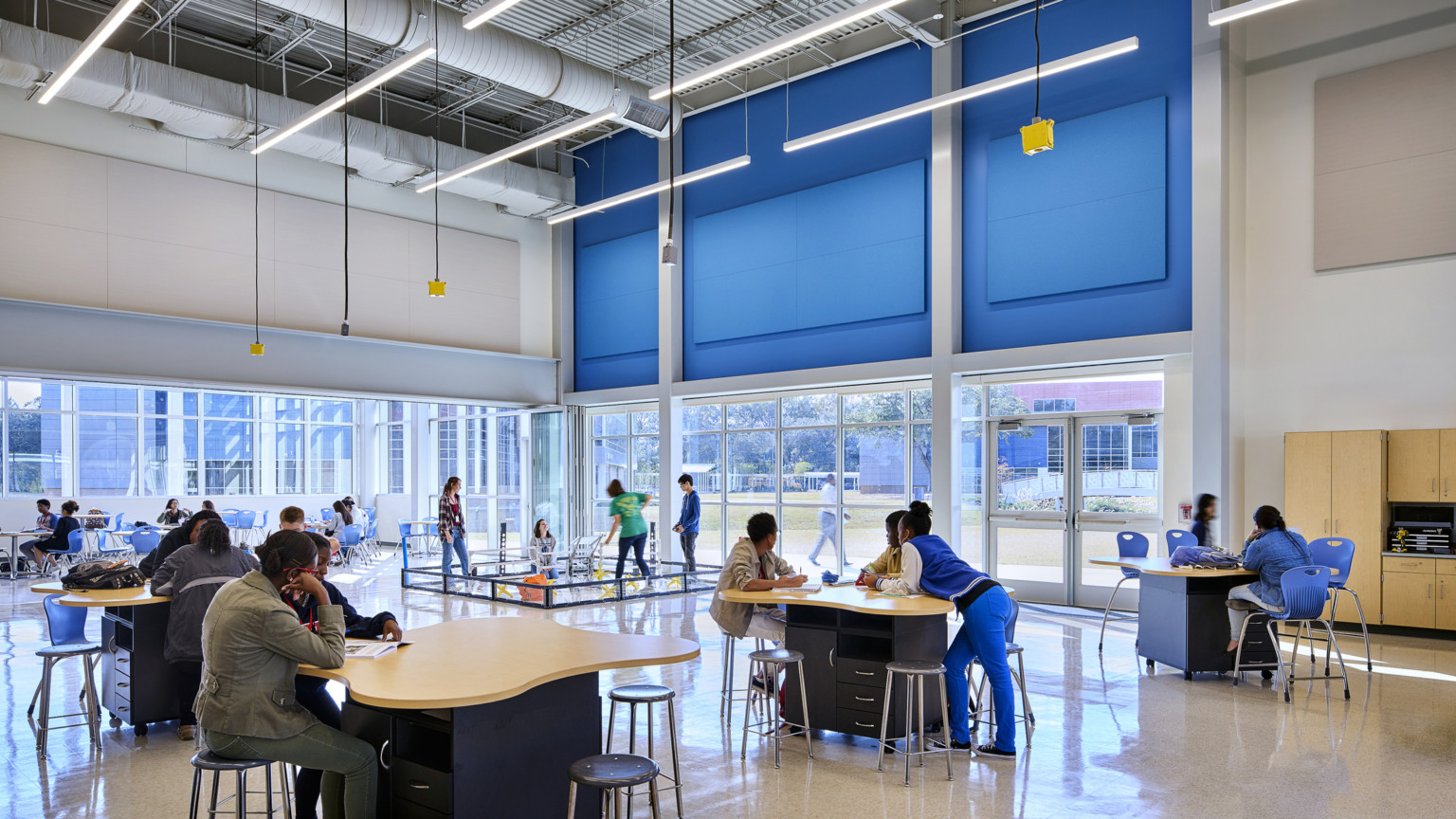 large cte learning space with tall ceilings, drop power, and a robotics ring for students large cte learning space with tall ceilings, drop power, and a robotics ring for students