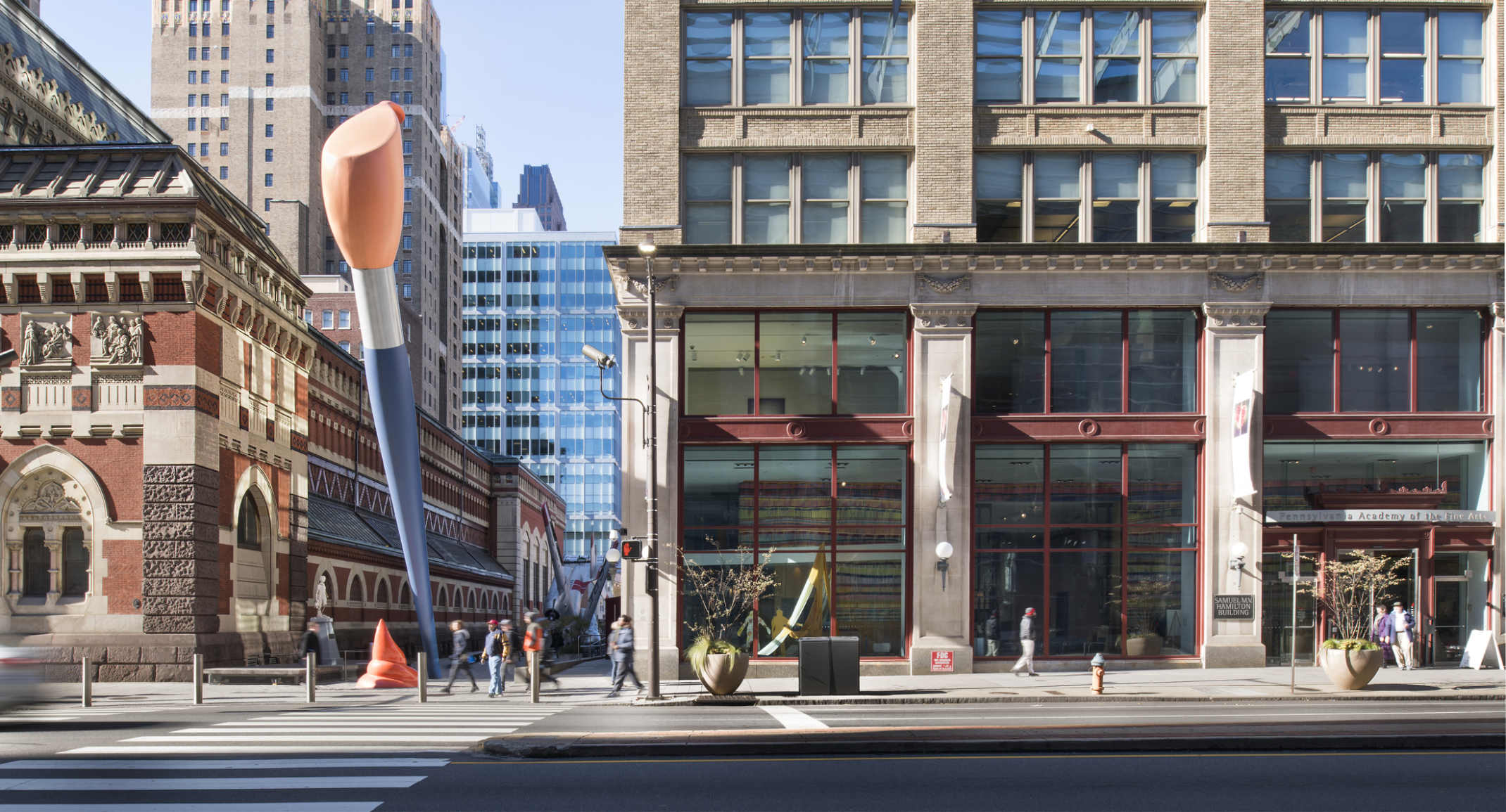 Across the street looking at the building with large paintbrush sculpture outside of Pennsylvania Academy of the Fine Arts.