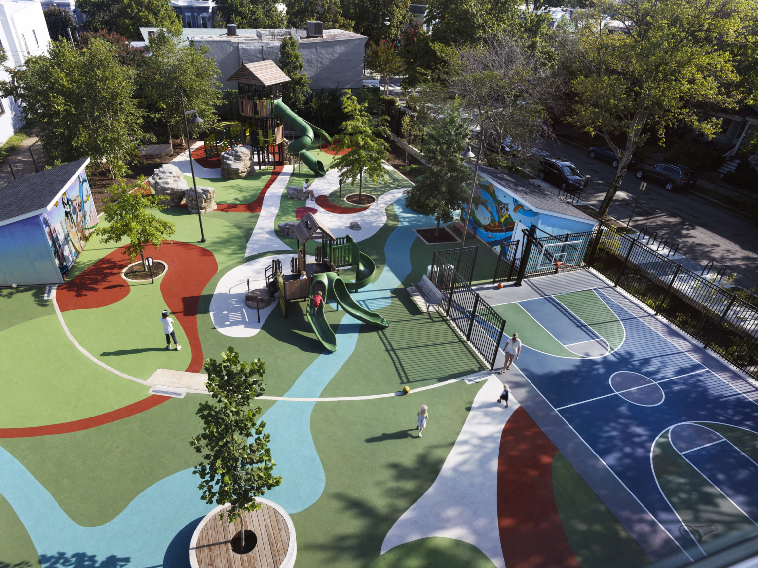 Aerial view of playground and outdoor areas at Maury Elementary School.