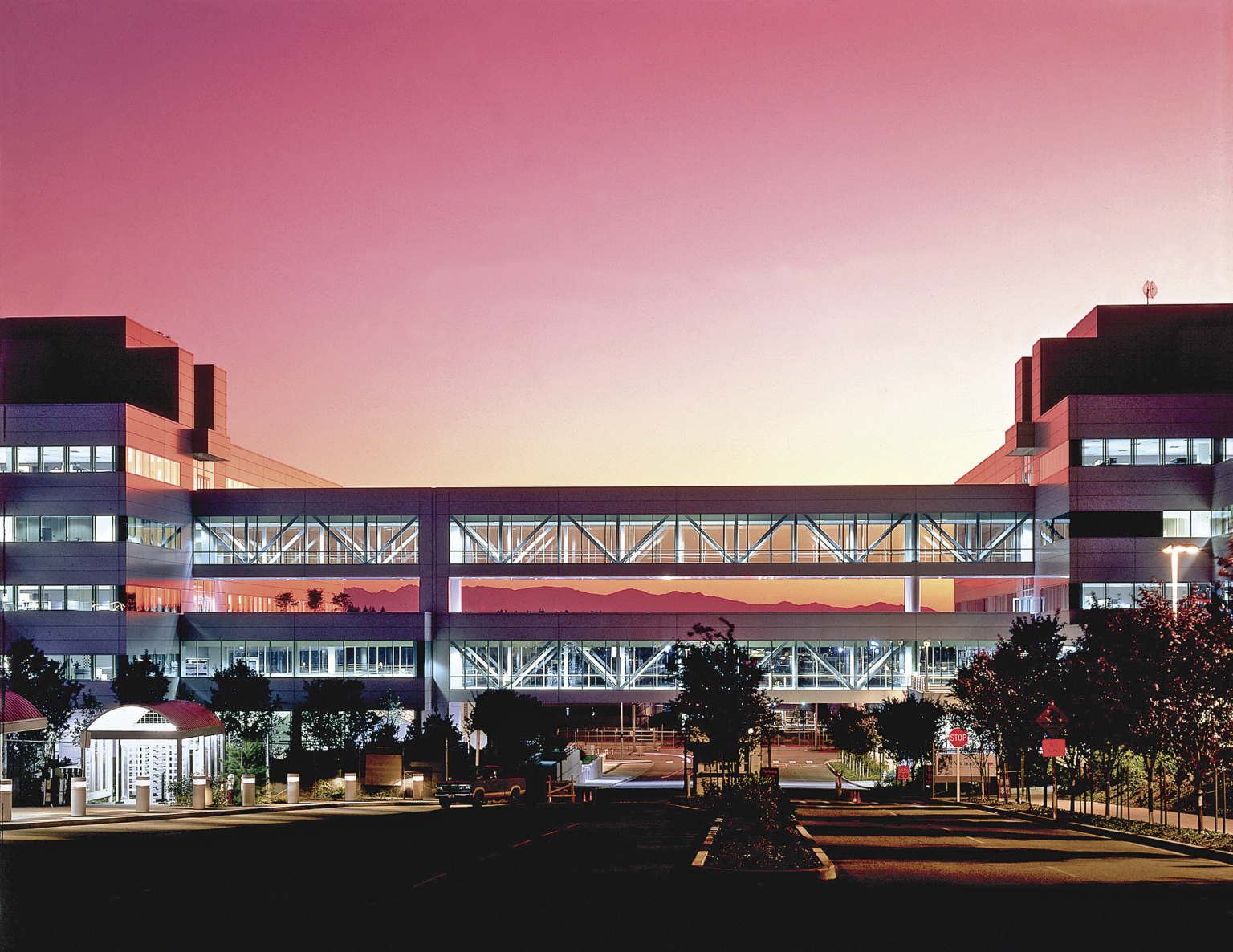 technology campus breezeway illuminated at sunset pink sky technology campus breezeway illuminated at sunset pink sky