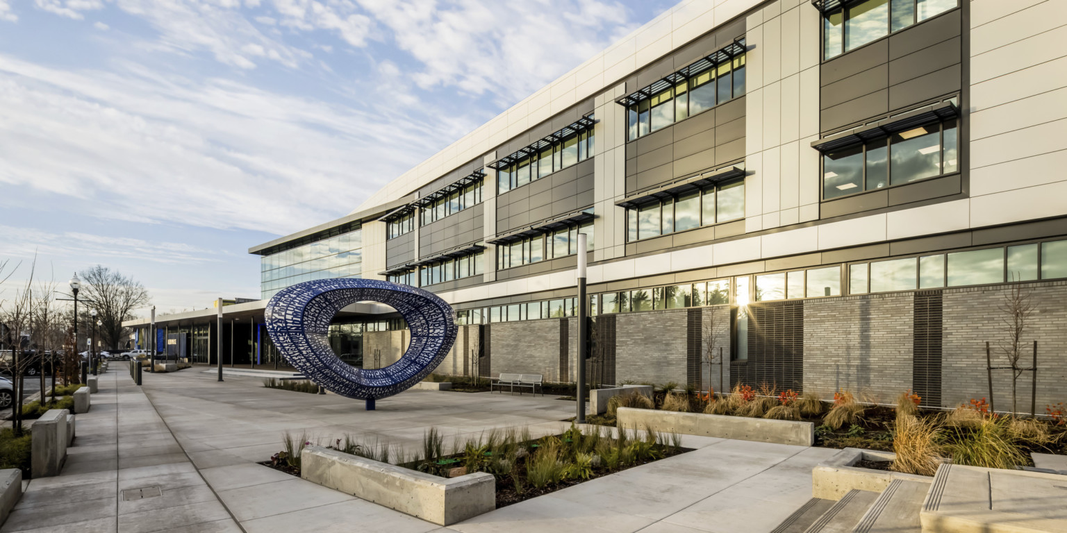 Circular piece of art at entrance of Salem Police Station