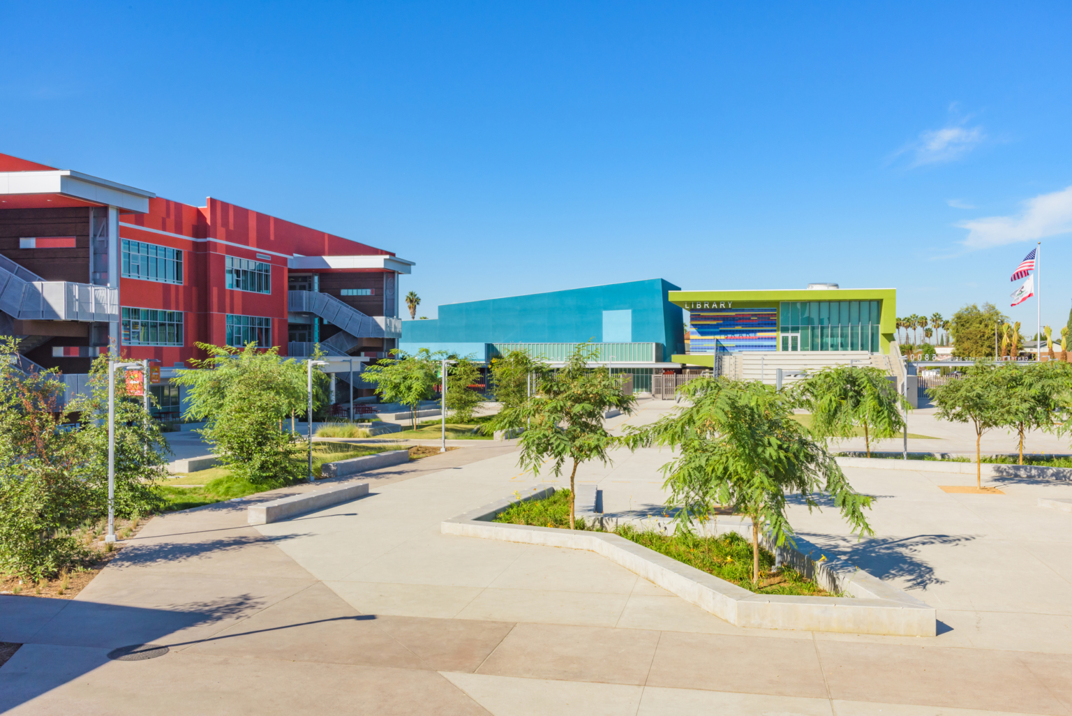 Plaza looking at the colorful buildings at the Maywood Center for Enriched Studies.