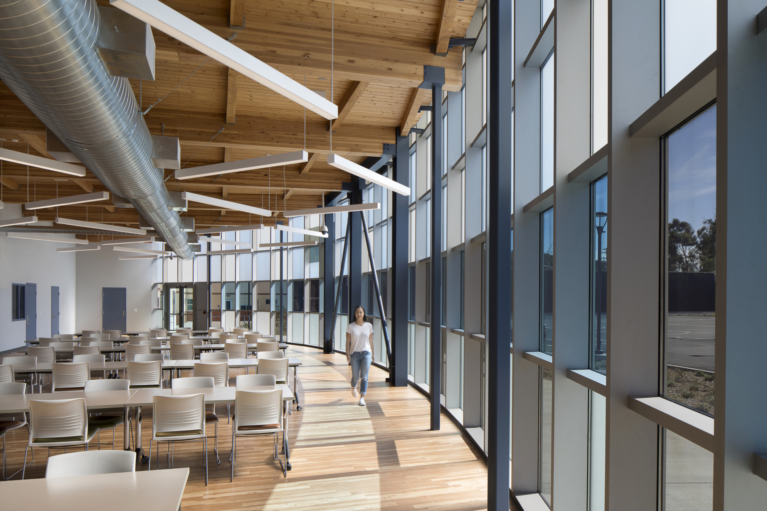multipurpose room with wood ceiling and floor to ceiling glass