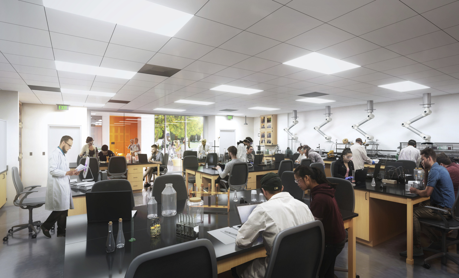 Science classroom with beakers and graphic design elements at Los Rios Community College District Elk Grove Center. Science classroom with beakers and graphic design elements at Los Rios Community College District Elk Grove Center.