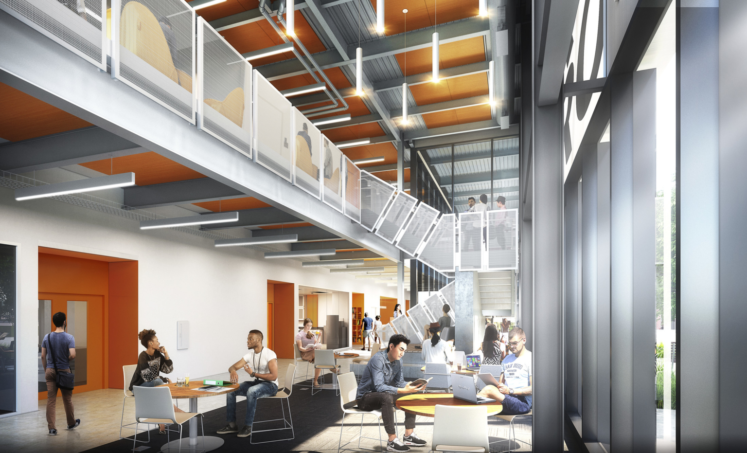 Two story interior collaboration space with orange accents, floor to ceiling windows, and upper walkway overlooking area at Los Rios Community College District Elk Grove Center. Two story interior collaboration space with orange accents, floor to ceiling windows, and upper walkway overlooking area at Los Rios Community College District Elk Grove Center.