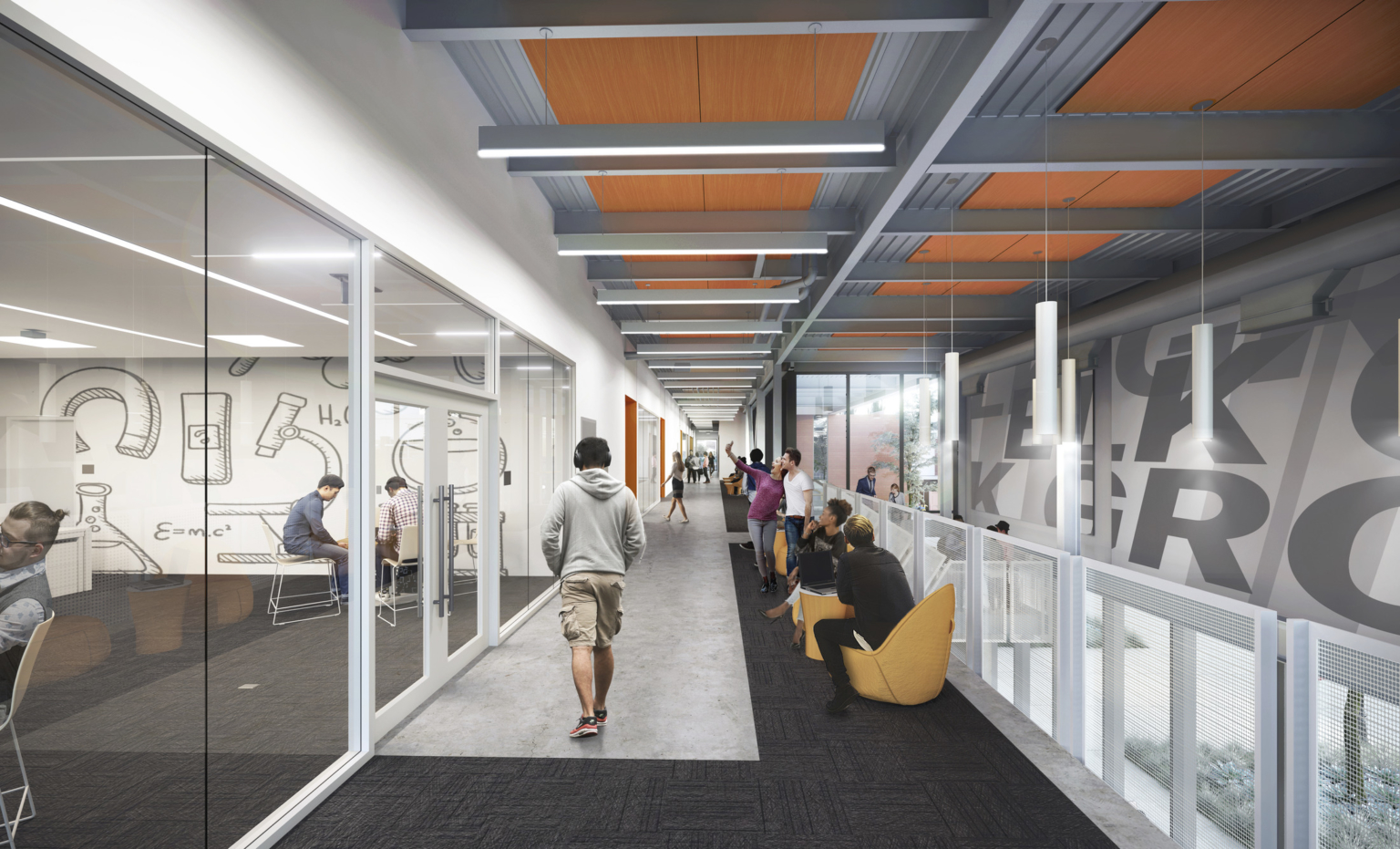 Hallway with seating, glass walls creating transparency into classrooms at Los Rios Community College District Elk Grove Center. Hallway with seating, glass walls creating transparency into classrooms at Los Rios Community College District Elk Grove Center.