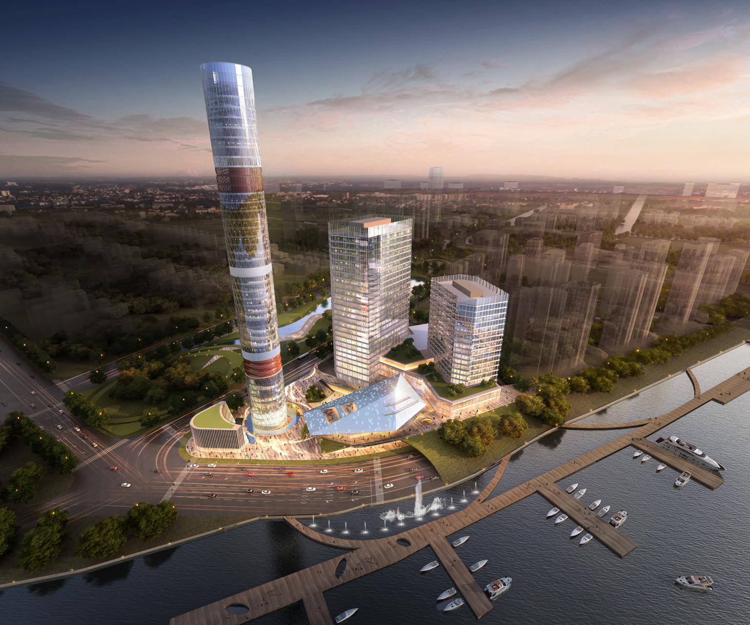 Aerial view of tall mixed use glass tower next to two other towers on the ocean