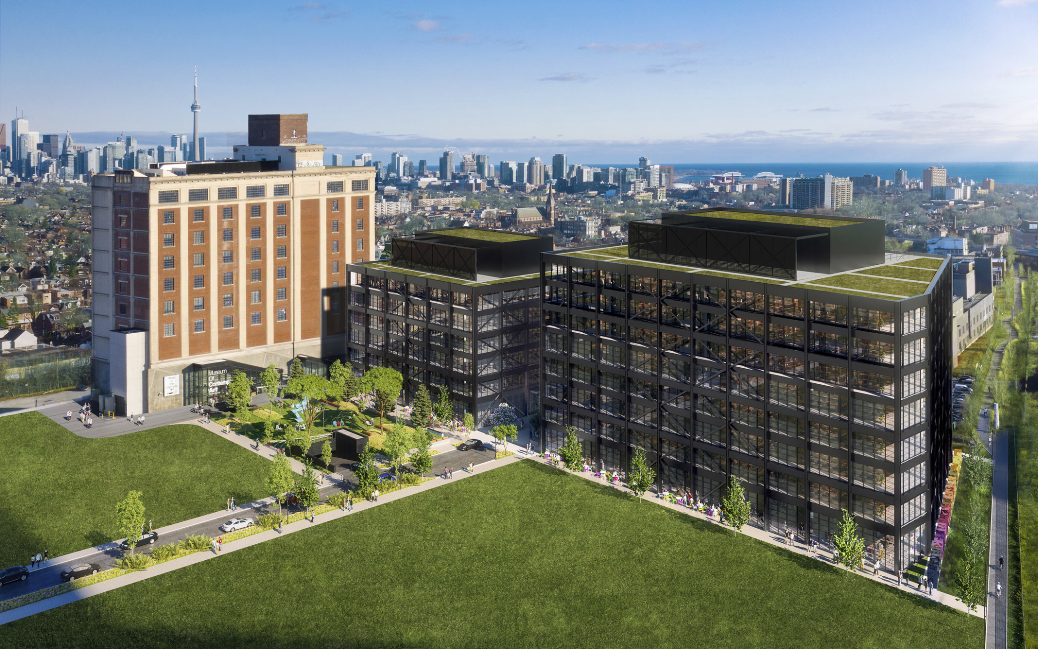 aerial view of sterling road mass timber campus in toronto