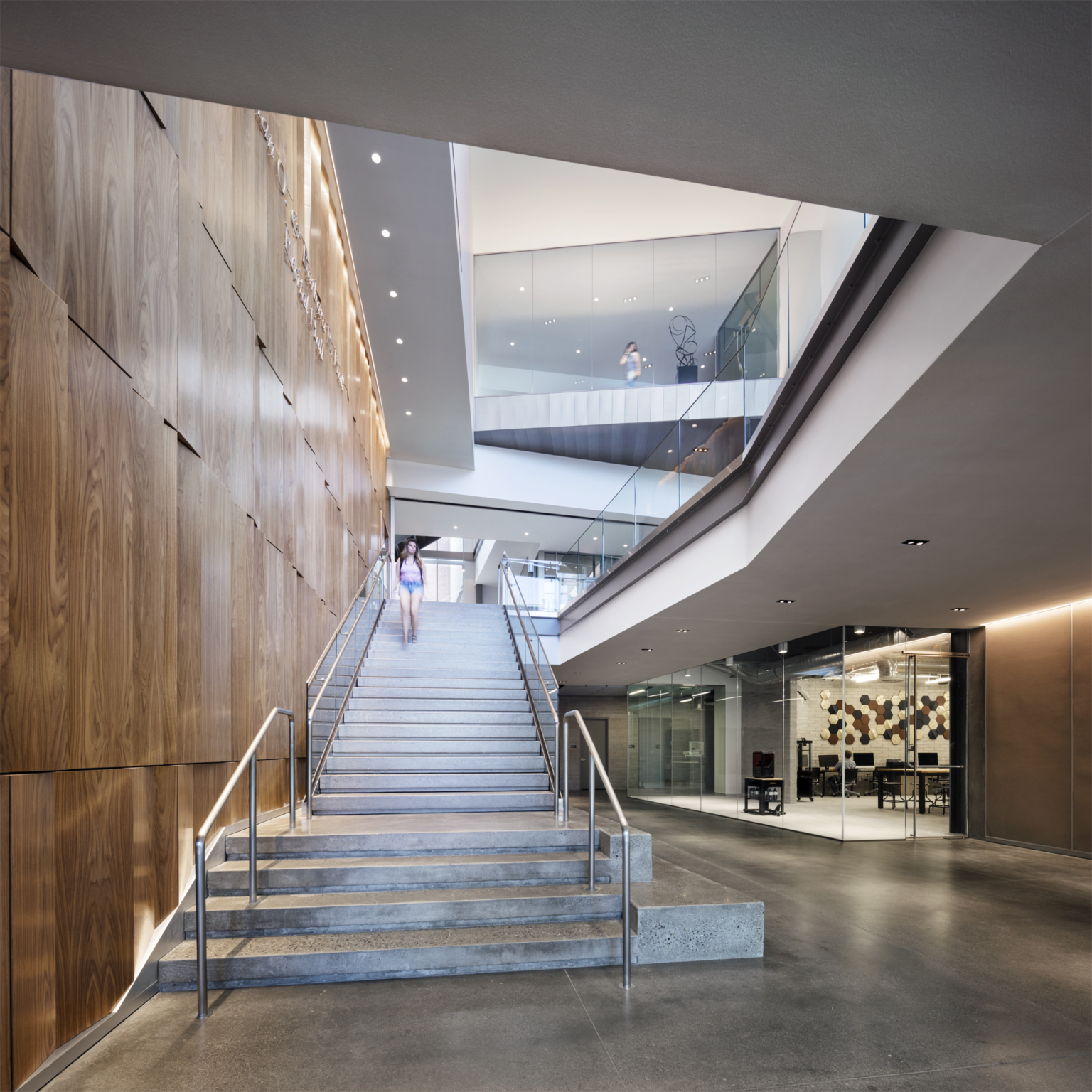Staircase leading from first floor makerspace to second floor art gallery at the University of Nevada, Reno University Arts Building