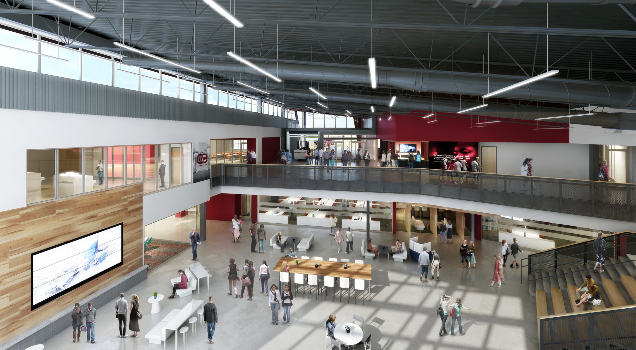 inside cherry creek innovation campus looking onto first floor from second floor