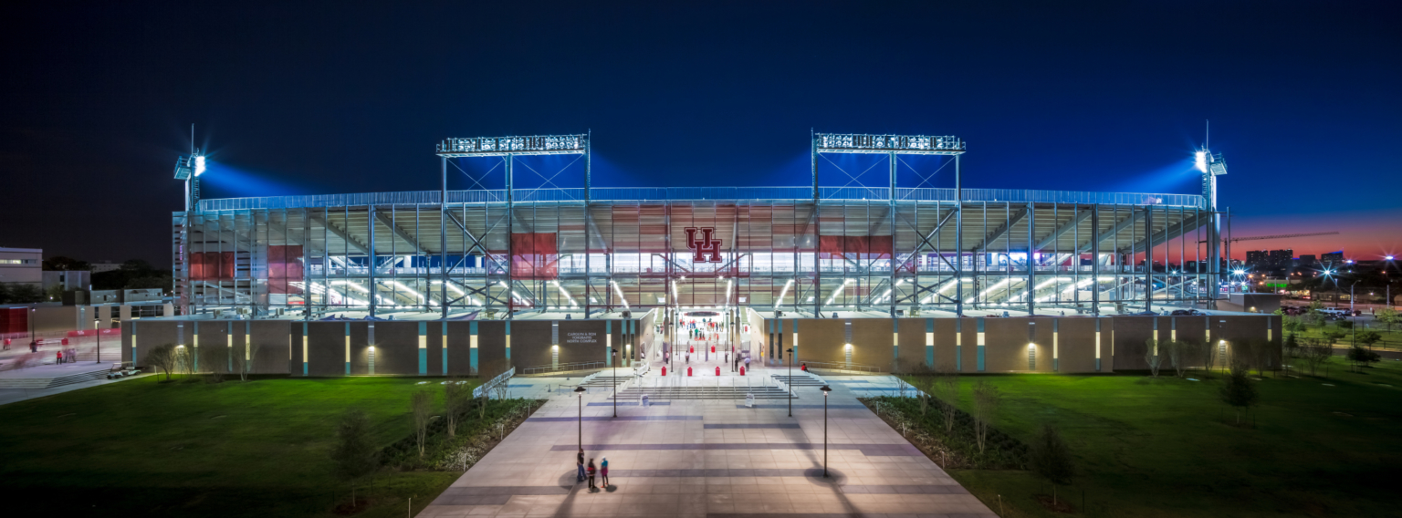 TDECU exterior illuminated at night