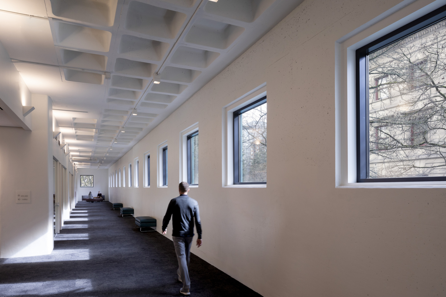tall white waffle slab ceilings over a perimeter corridor in the portland building tall white waffle slab ceilings over a perimeter corridor in the portland building