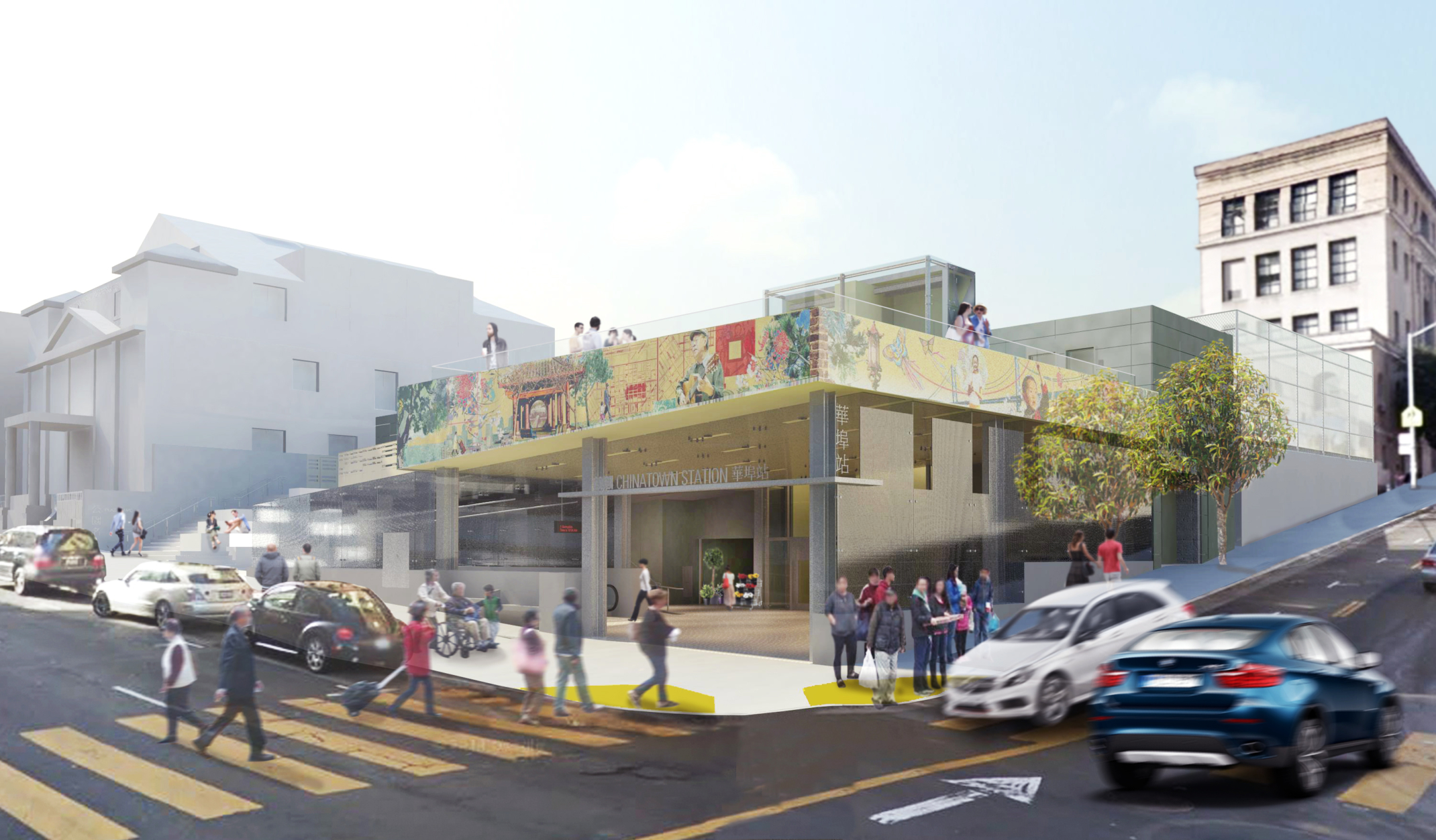 A colorful open subway transit station on a street corner A colorful open subway transit station on a street corner