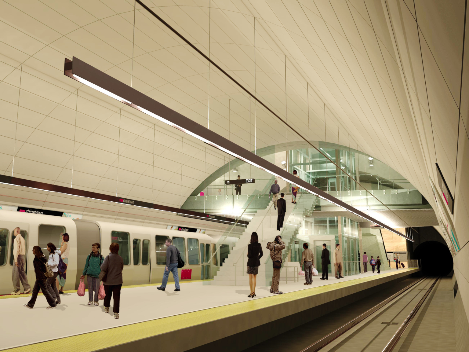 a curved ceiling in a subway tunnel at the Chinatown central station