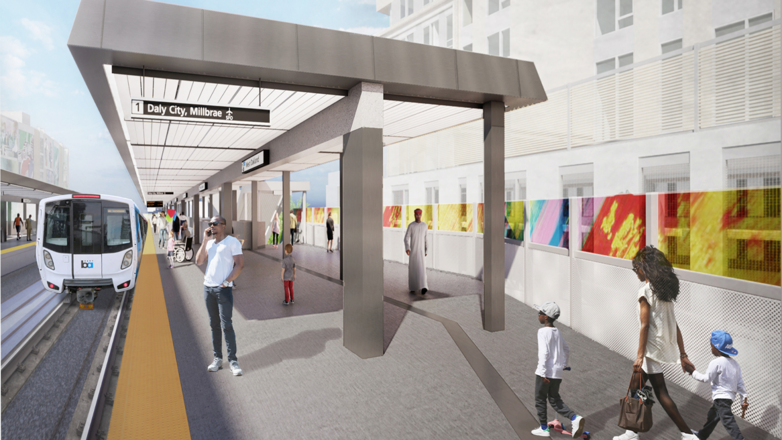 a rendering of a lightrail station with an art mural and shade structure a rendering of a lightrail station with an art mural and shade structure