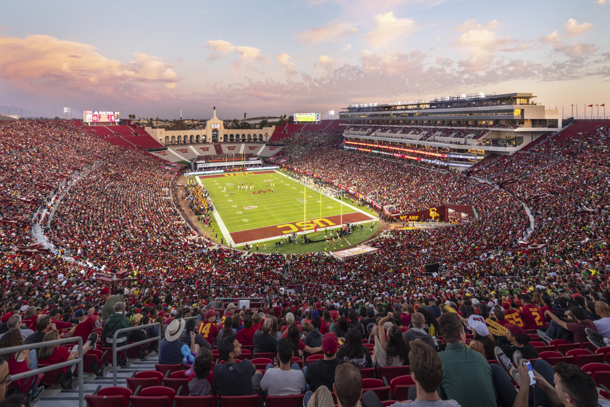 a full stadium bowl at the USC LA Memorial coliseum on game day