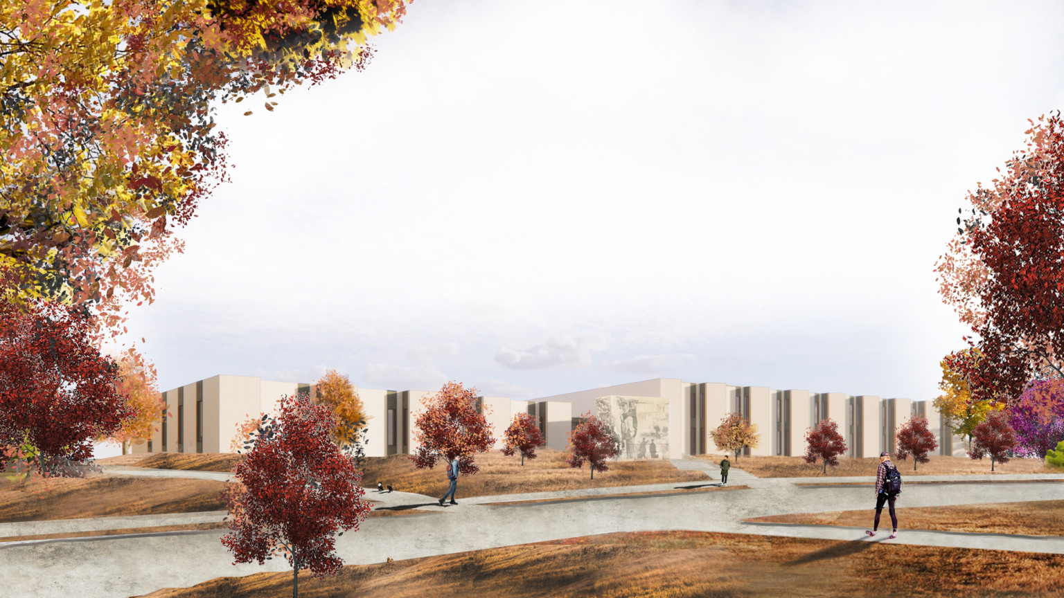 design concept for a low rise school complex surrounded by fall trees and intersecting sidewalks design concept for a low rise school complex surrounded by fall trees and intersecting sidewalks