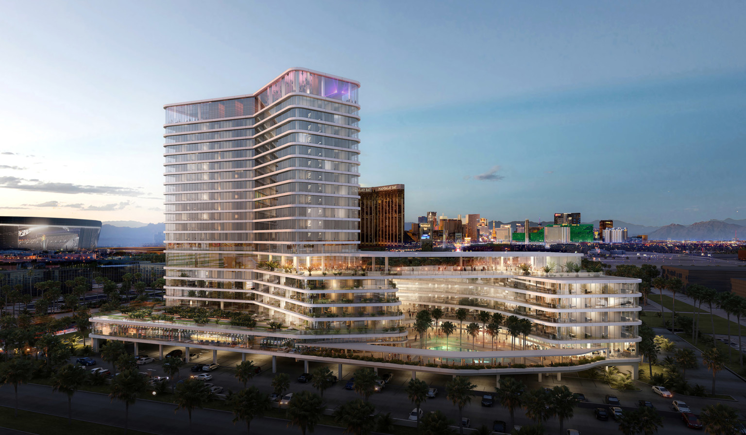 a view of the design concept for dream hotel las vegas at dusk