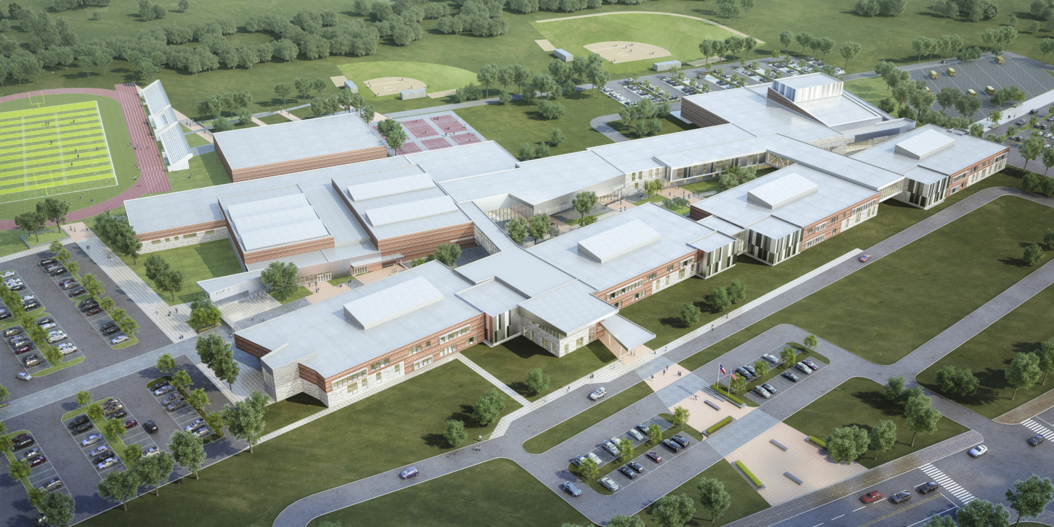 aerial view of a design concept for a large 500,000 sf school facility along an axis