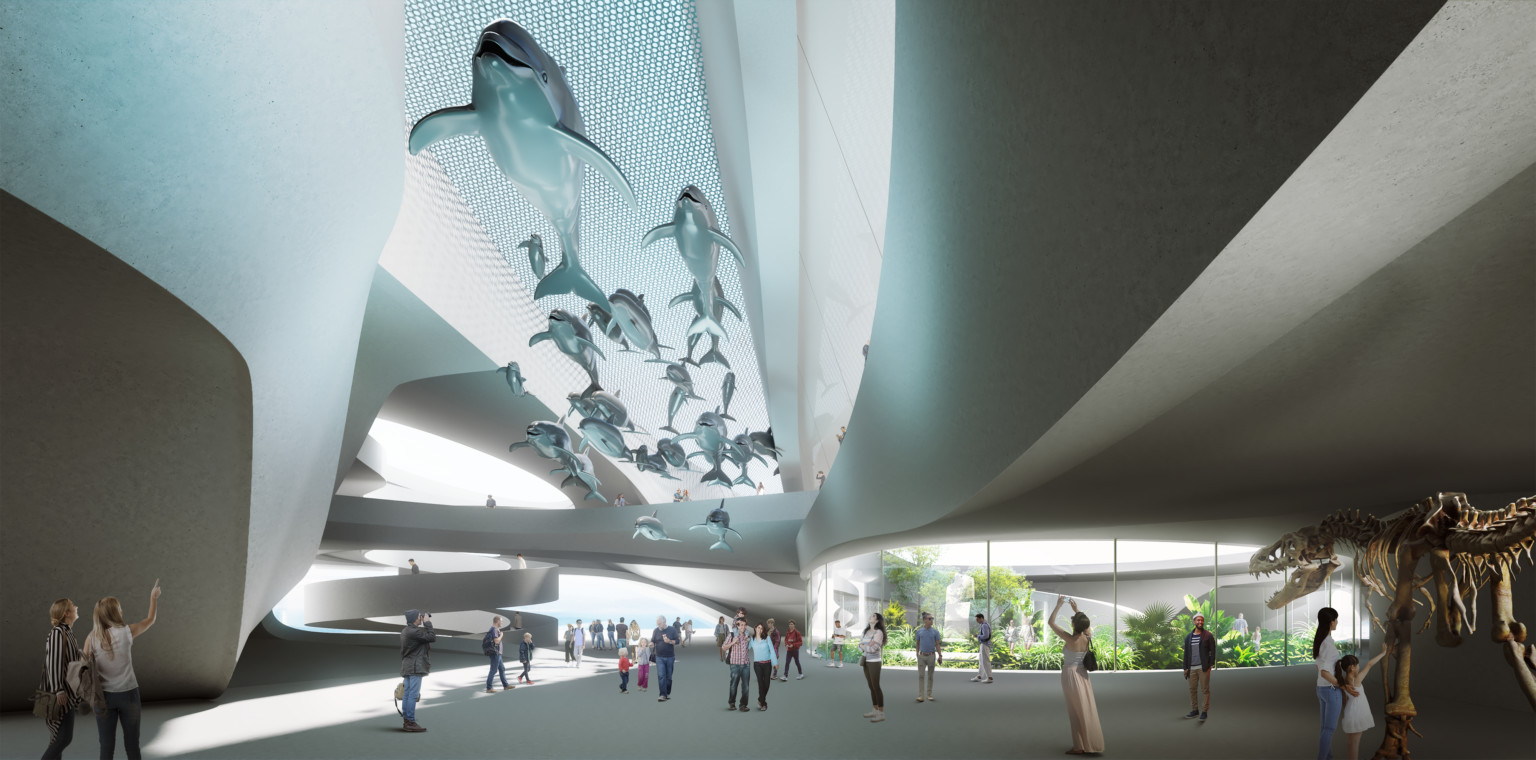 design concept for a large museum with dolphin sculptures hanging from the ceiling and large dinosaur fossils design concept for a large museum with dolphin sculptures hanging from the ceiling and large dinosaur fossils
