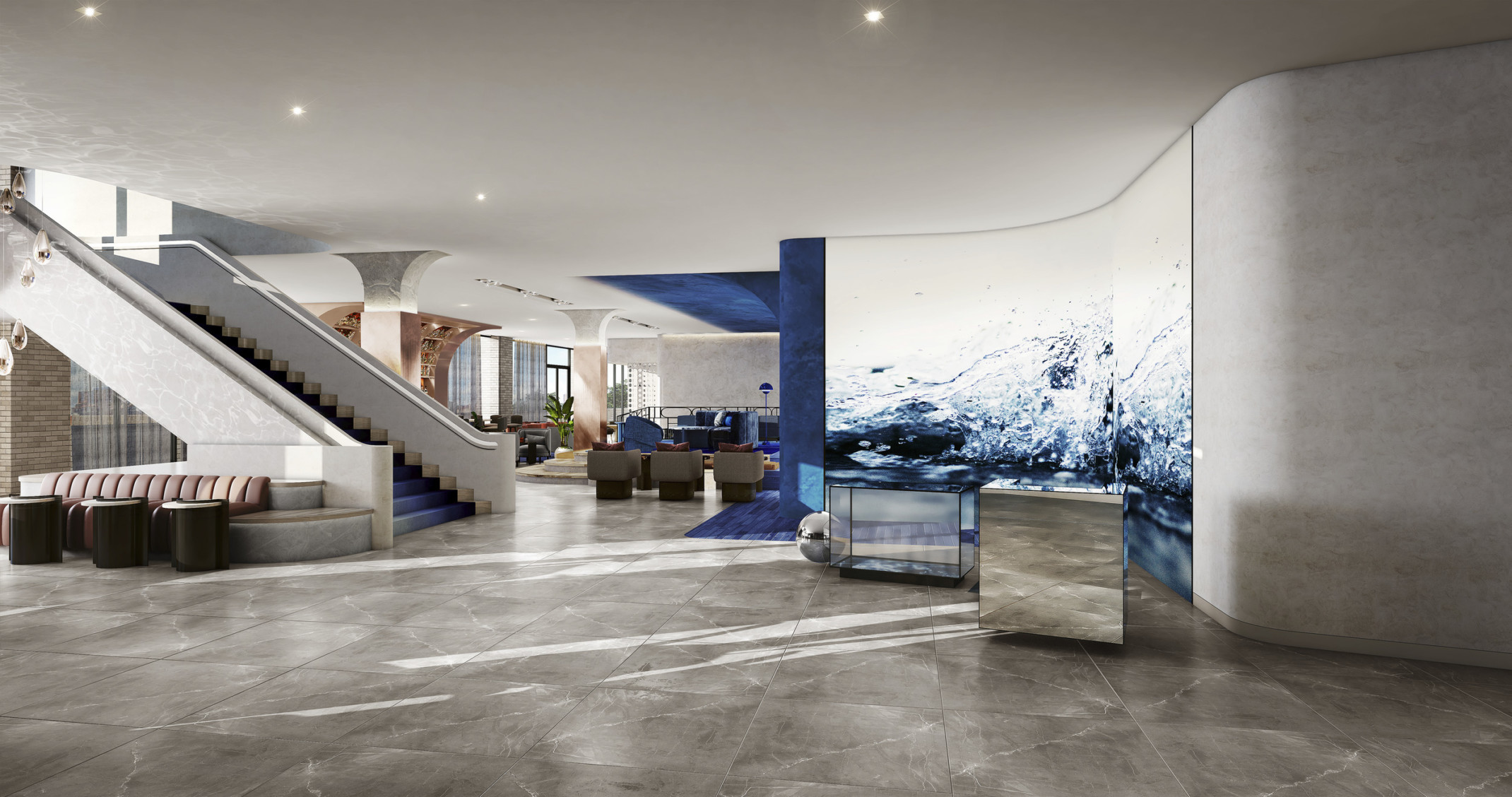 hotel lobby with abstracted water mural and blue and white sculptural walls and columns hotel lobby with abstracted water mural and blue and white sculptural walls and columns