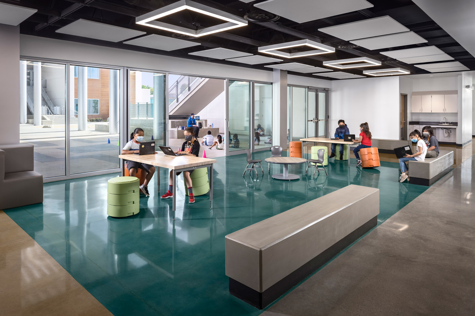 blue high glos floor and movable furniture with movable glass wall blue high glos floor and movable furniture with movable glass wall