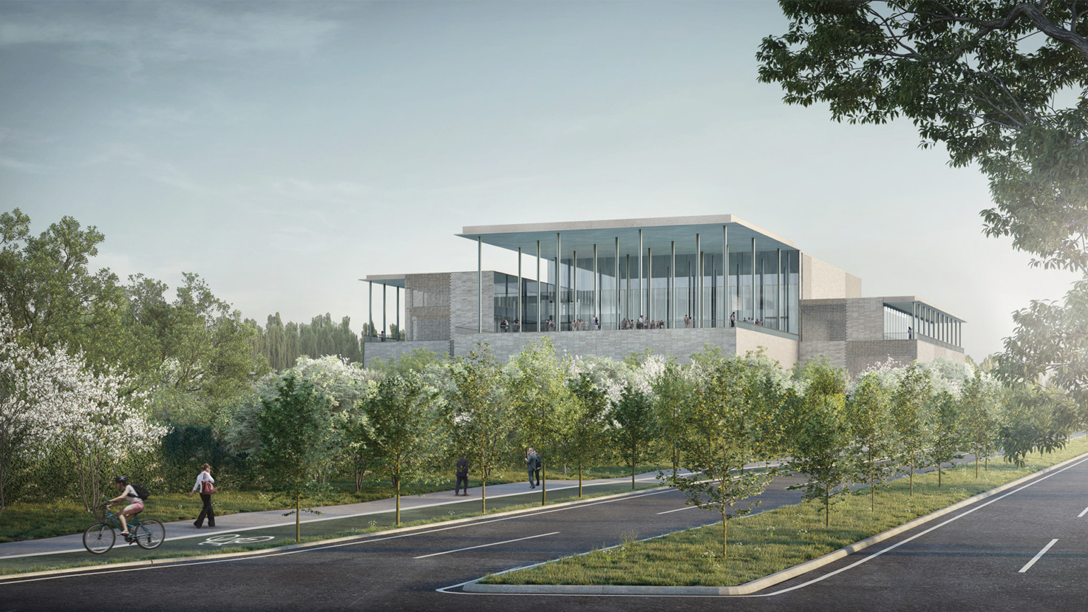 design concept for the world's seventh ismaili center; a multistory glass and stone building with a second level terrave overlooking a lush green park and pedestrian walkway design concept for the world's seventh ismaili center; a multistory glass and stone building with a second level terrave overlooking a lush green park and pedestrian walkway